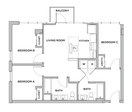 C6 - 3x2 Primary Bedroom Shared Bathroom floor plan